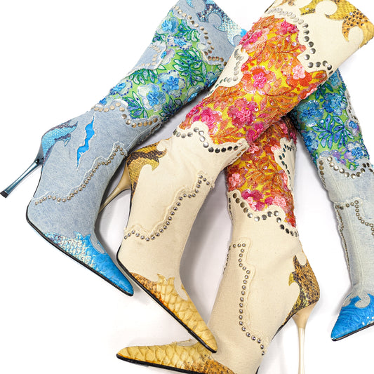 Bottes El Dantes ornées de paillettes oranges et roses - EU41|UK8|US10