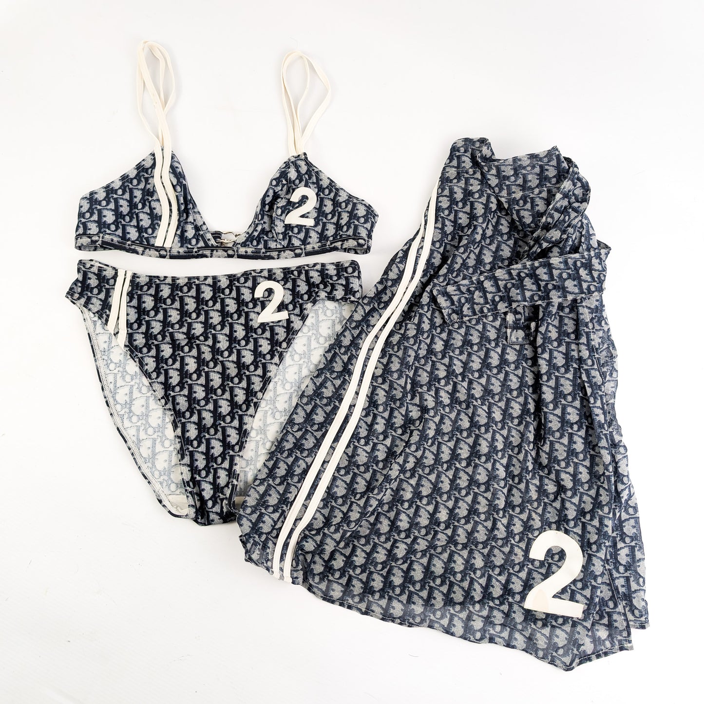 Ensemble 3 pièces paréo et Maillot de bain Dior monogramme bleu trotter - S/S2002