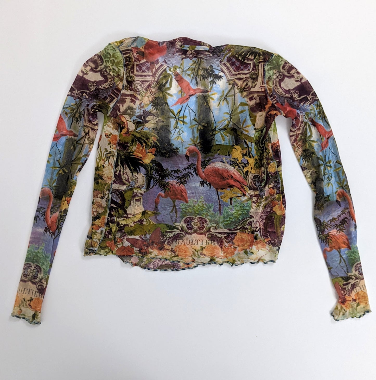 Ensemble Jean-Paul Gaultier en maille à imprimée tropicale flamingo S/S1999