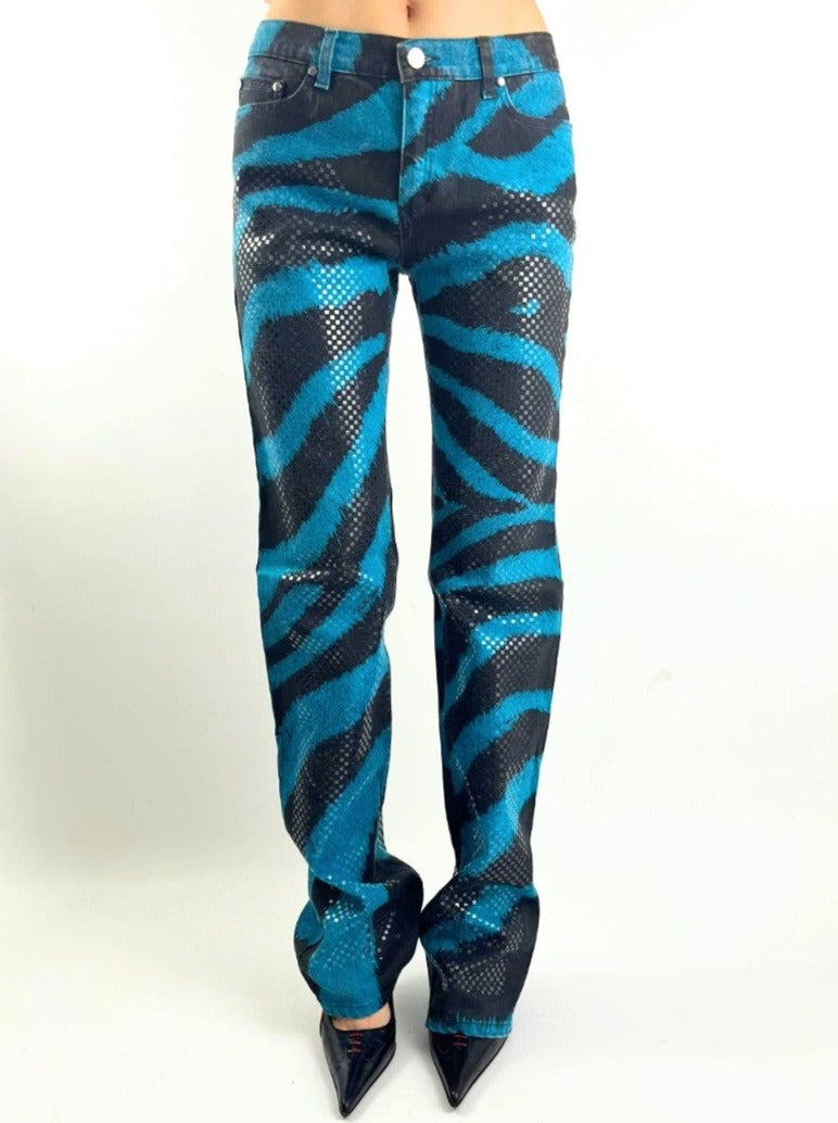 Jeans scintillant Roberto Cavalli motif zèbre trompe l'œil bleu - M