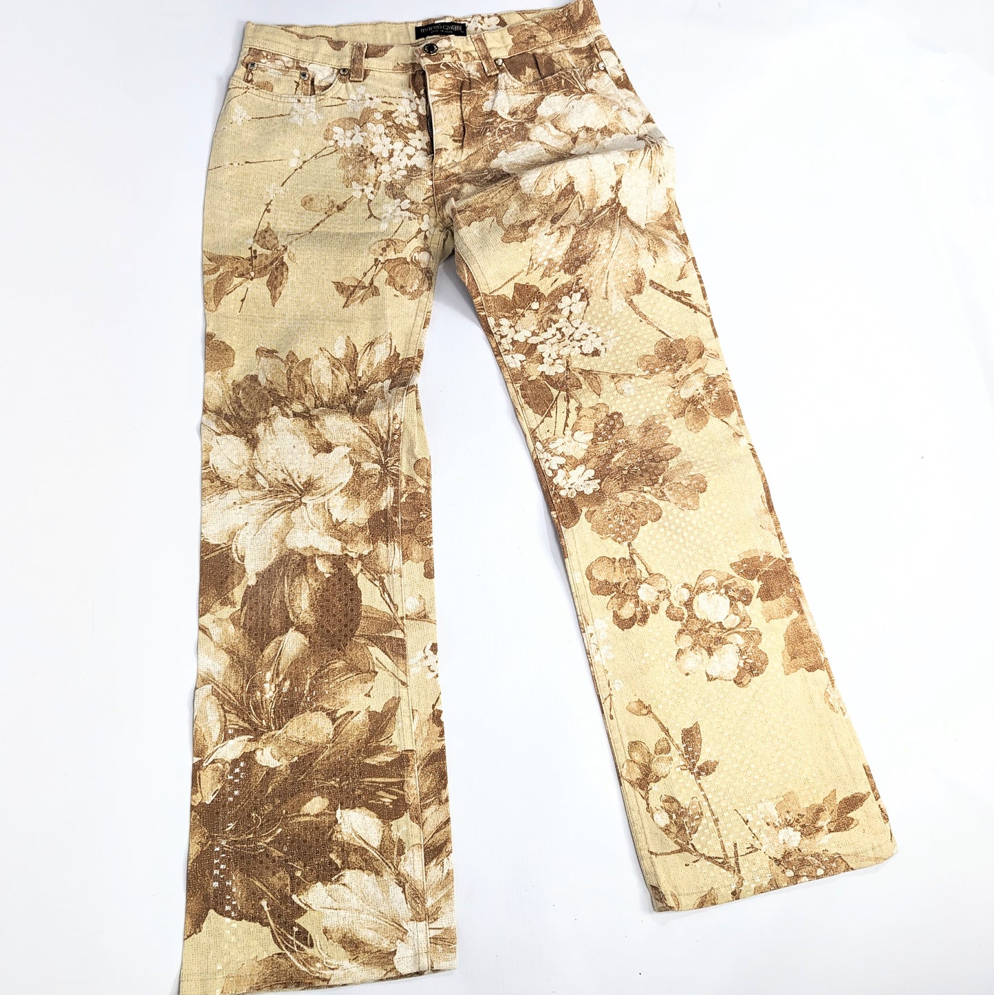 Jeans Roberto Cavalli scintillant beige à fleur - S