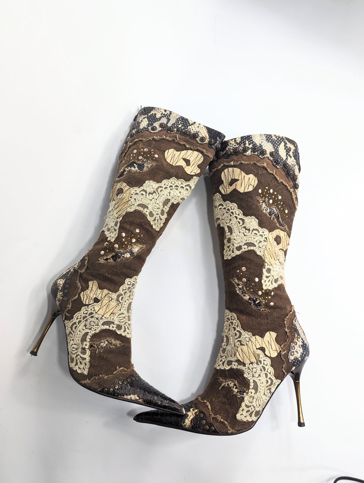 El Dantes brown boots decorated with pearl and lace - EU39|UK5,5|US7