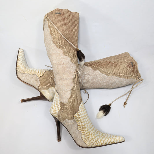 Bottes El Dantes beige en fourrure et plumes - EU40|7UK|9US