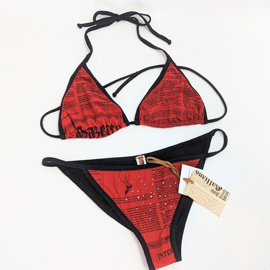 Maillot de bain Bikini rouge et noir imprimé journal Galliano - M/L