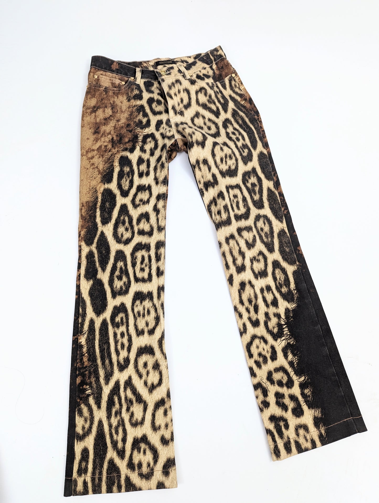 Pantalon jeans Roberto Cavalli léopard fourrure trompe l'oeil - XS