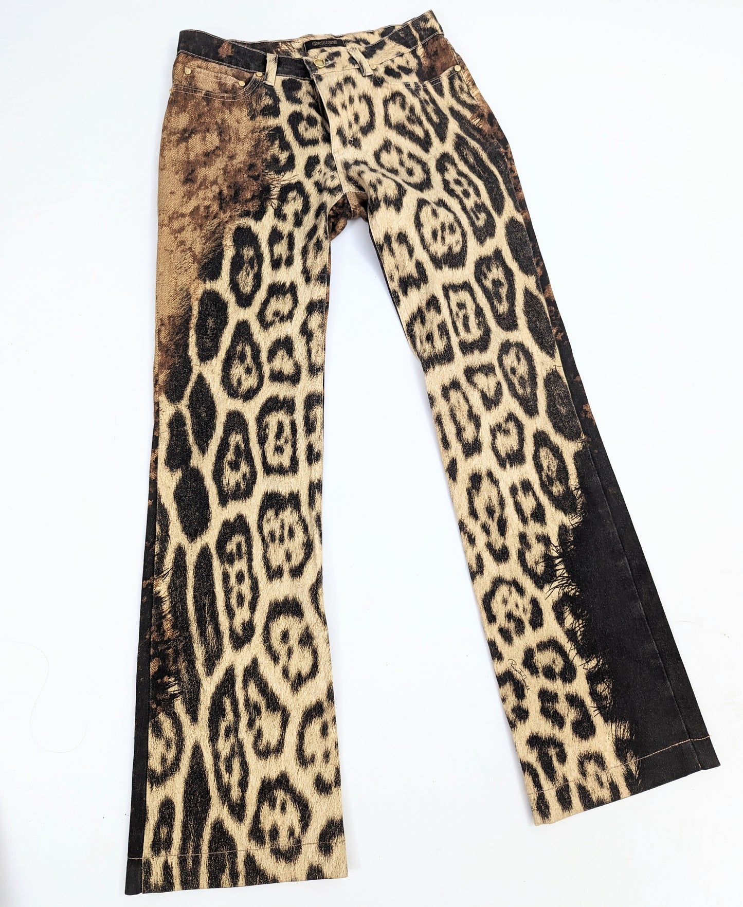 Pantalon jeans Roberto Cavalli léopard fourrure trompe l'oeil - XS