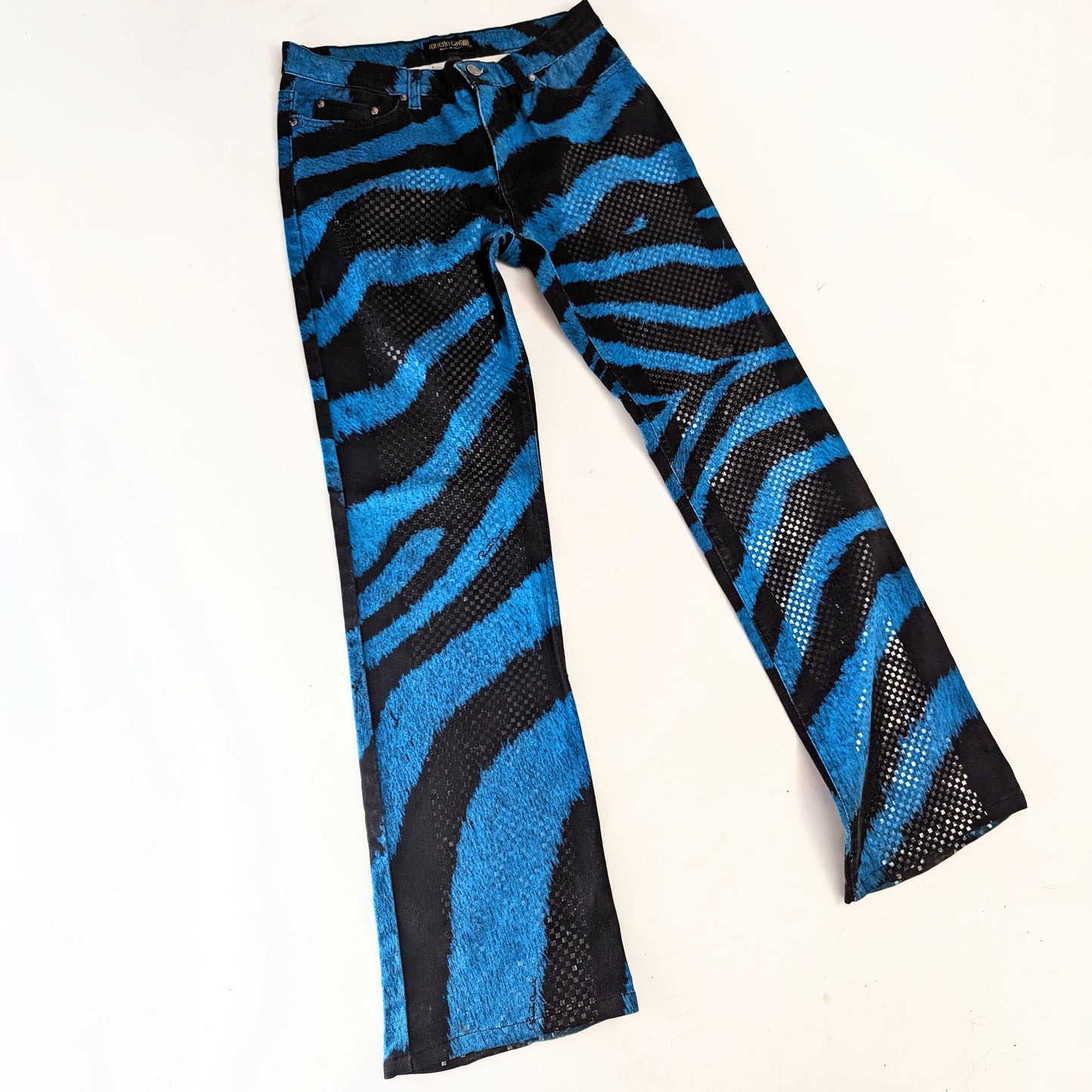 Jeans scintillant Roberto Cavalli motif zèbre trompe l'œil bleu - M