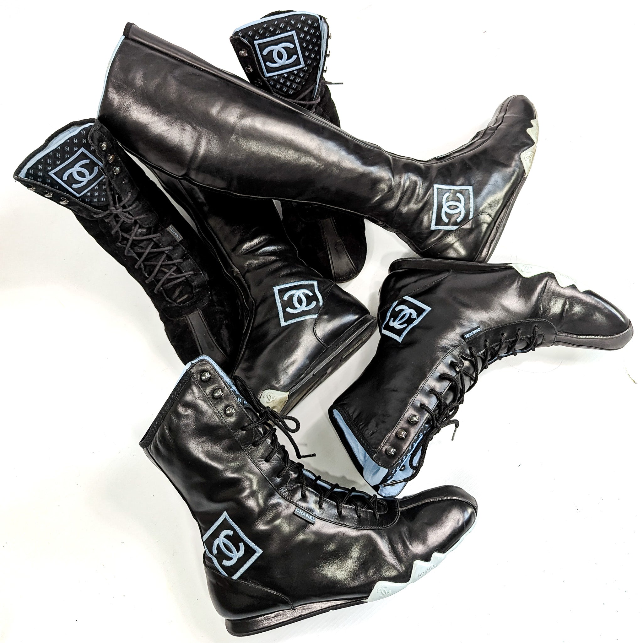 CHANEL Women Ankle Boots Black Leather Lace Up Round Toe
