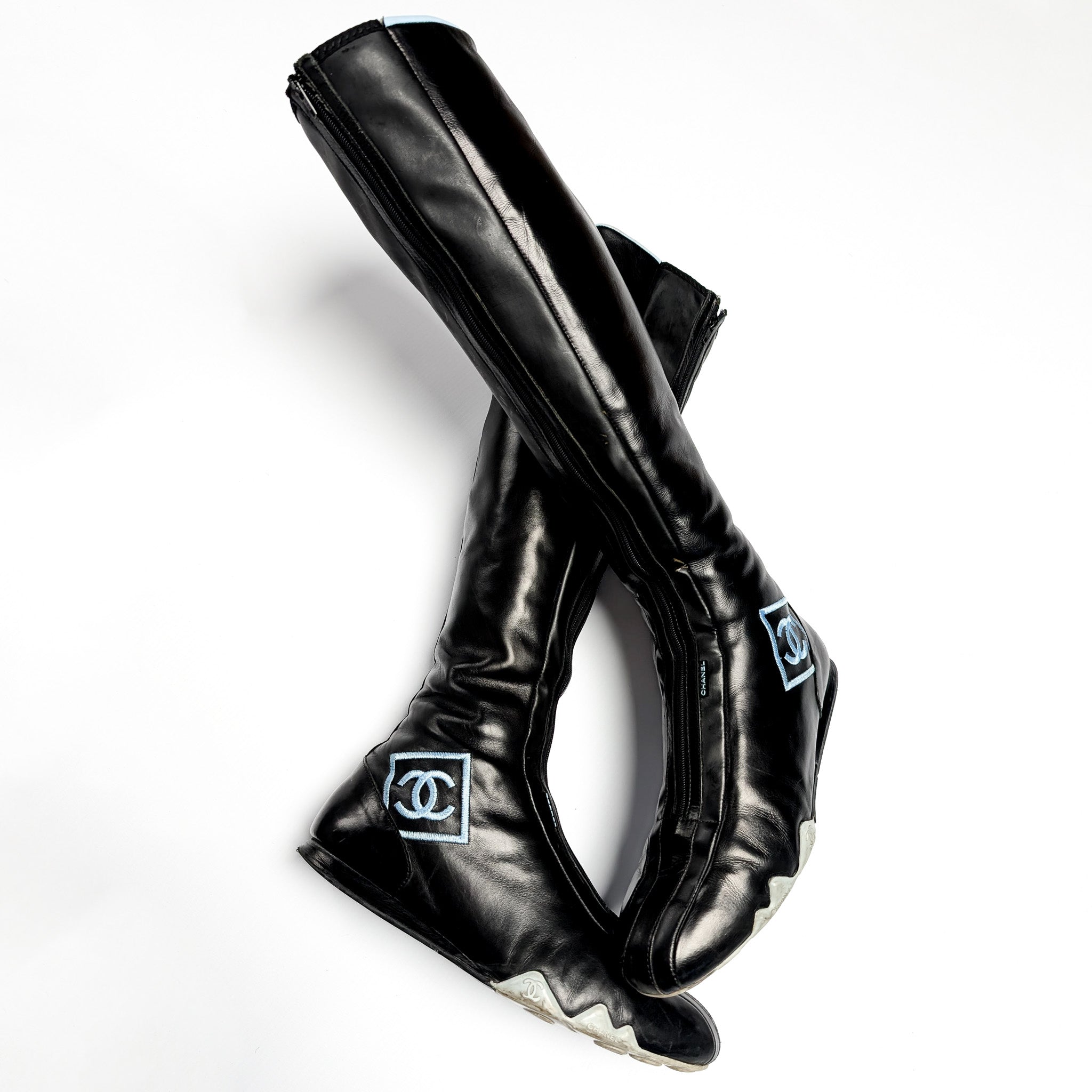 CHANEL Women Ankle Boots Black Leather Lace Up Round Toe