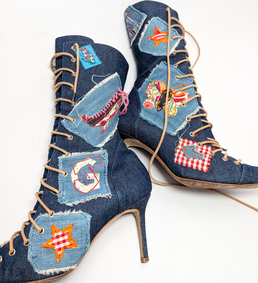 John Galliano patchwork denim boots - EU38|5UK|7US