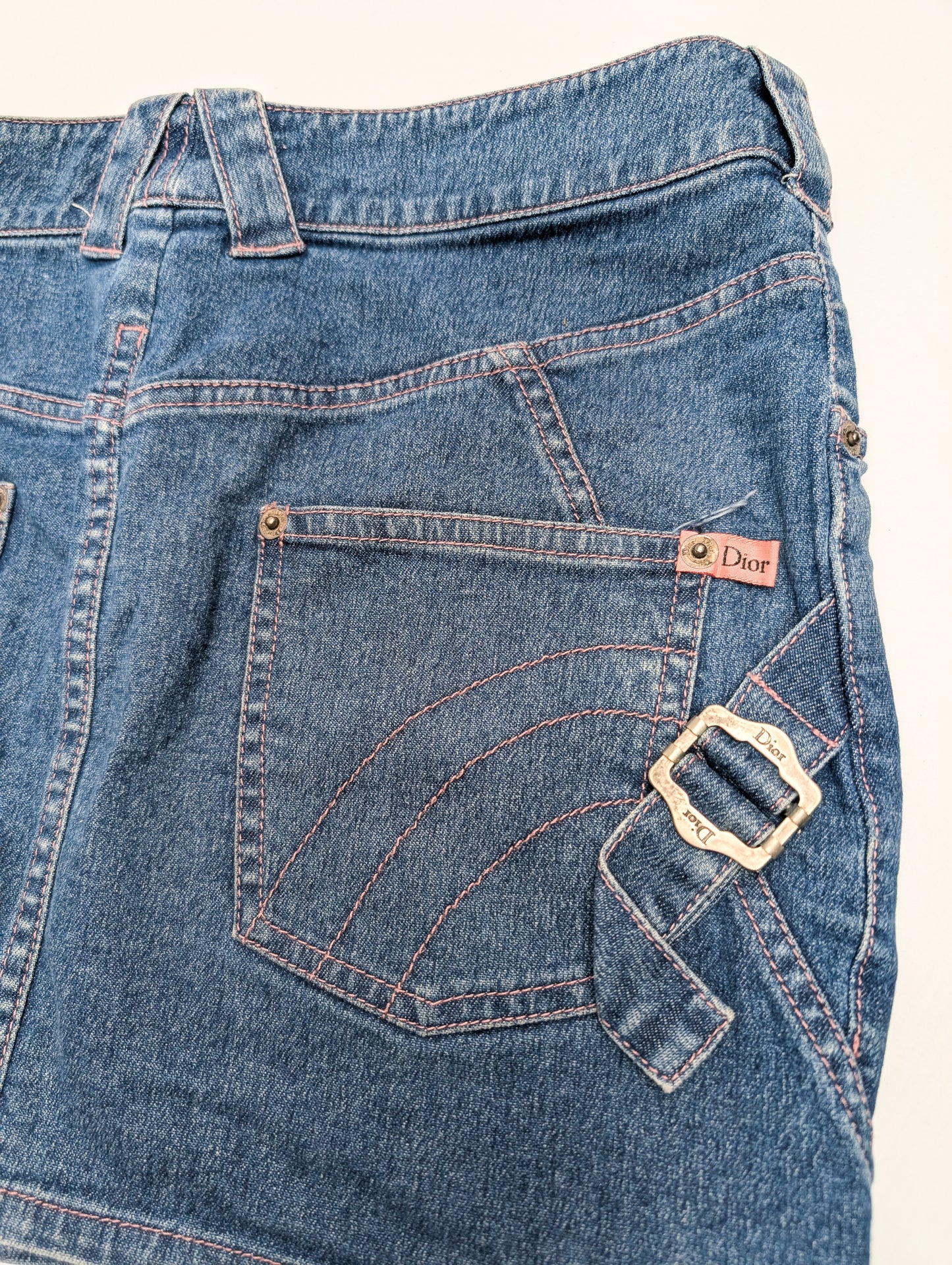 Dior by Galliano denim mini skirt with pink topstitching - M